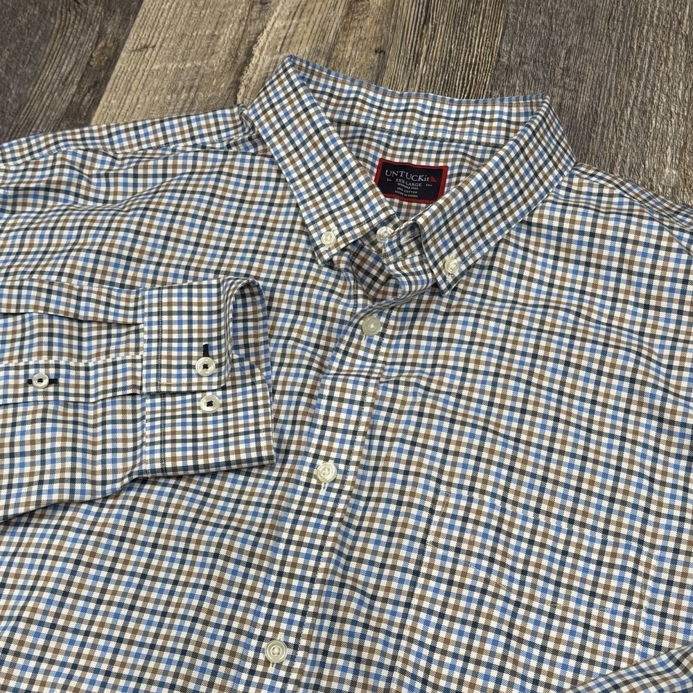 UNTUCKit XXXL Wrinkle Free Shirt Blue Brown Check Button Down Long Sleeve Cotton